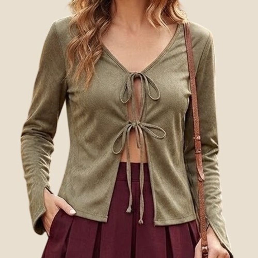 See You Monday Olive Green Faux Suede Tie Front Long Sleeve Top Size L ST8400-U